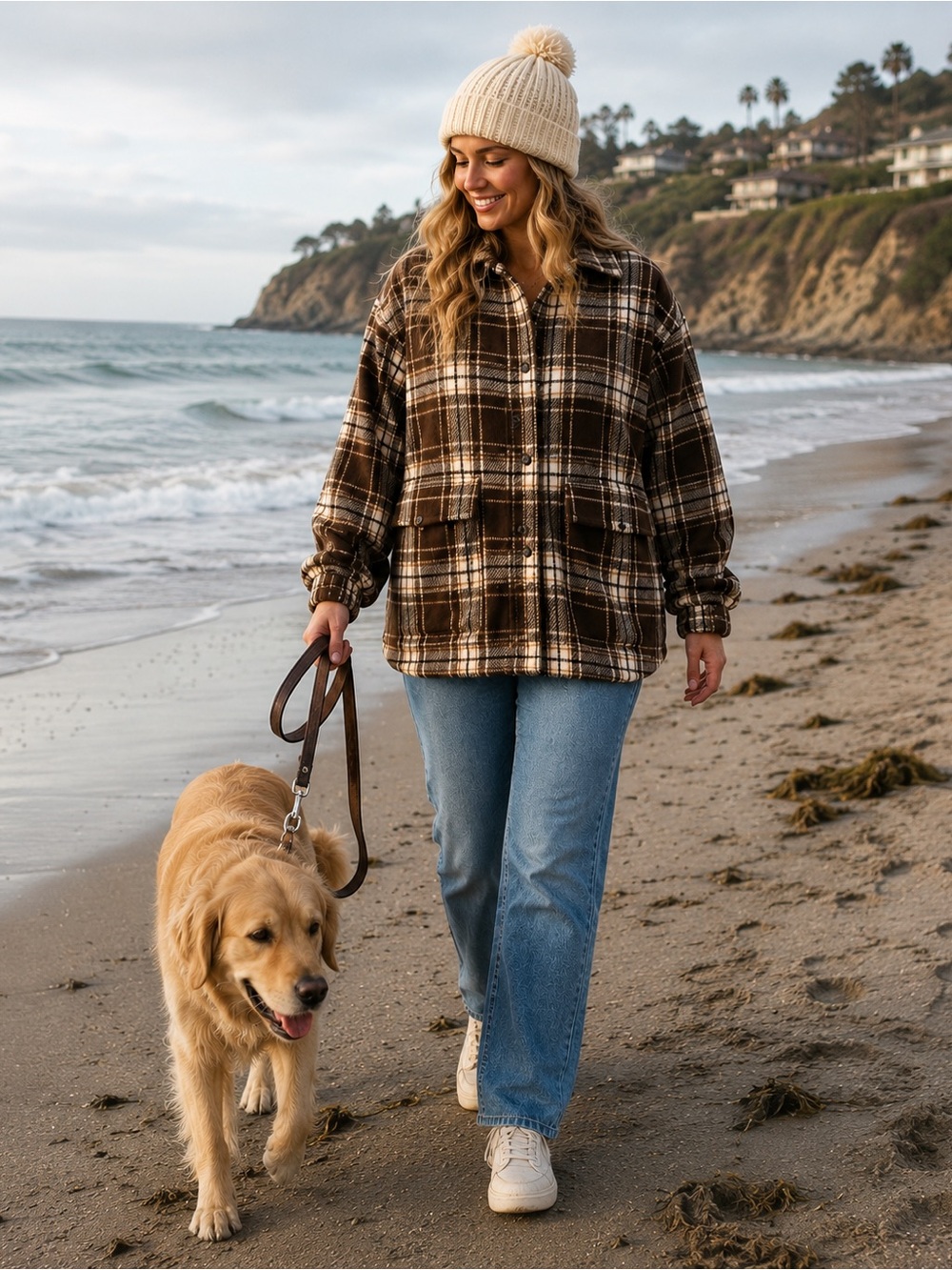 Live show Brown & Cream Plaid Oversized Shacket Coat – Plus Size Cozy fit